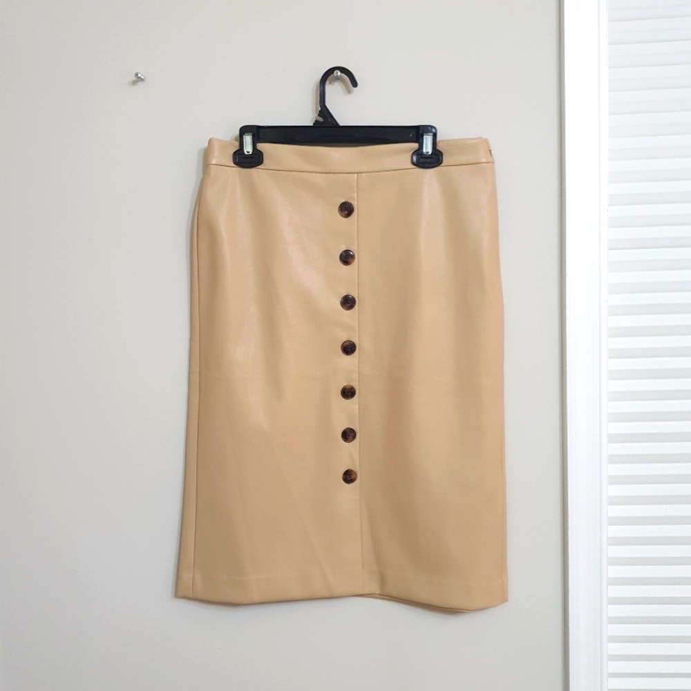 NWT Tan Leather Skirt with Brown Buttons